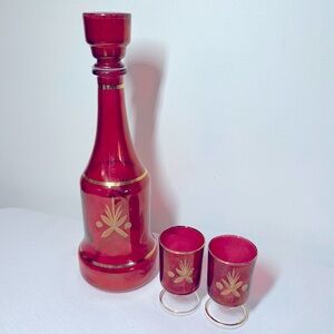 Vintage MCM Ruby Red and Gold Decanter Set
